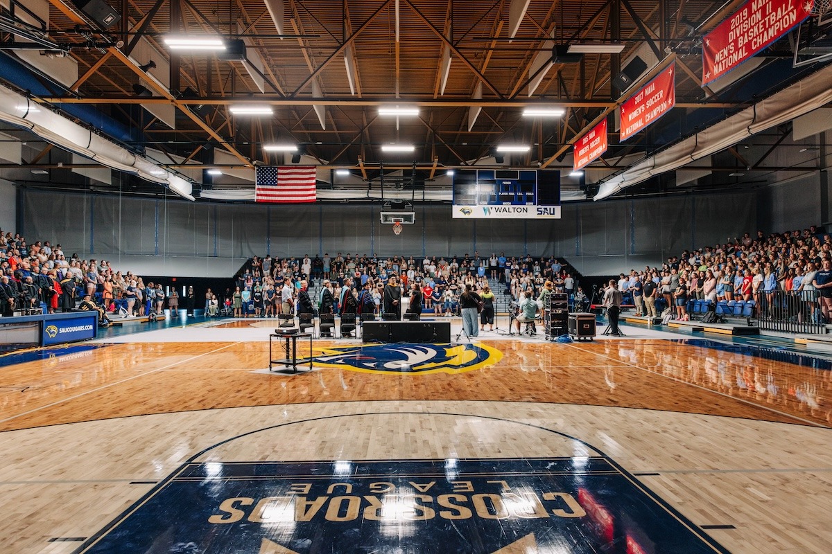 The Spring Arbor University student body gathering in the MAC for Convocation chapel